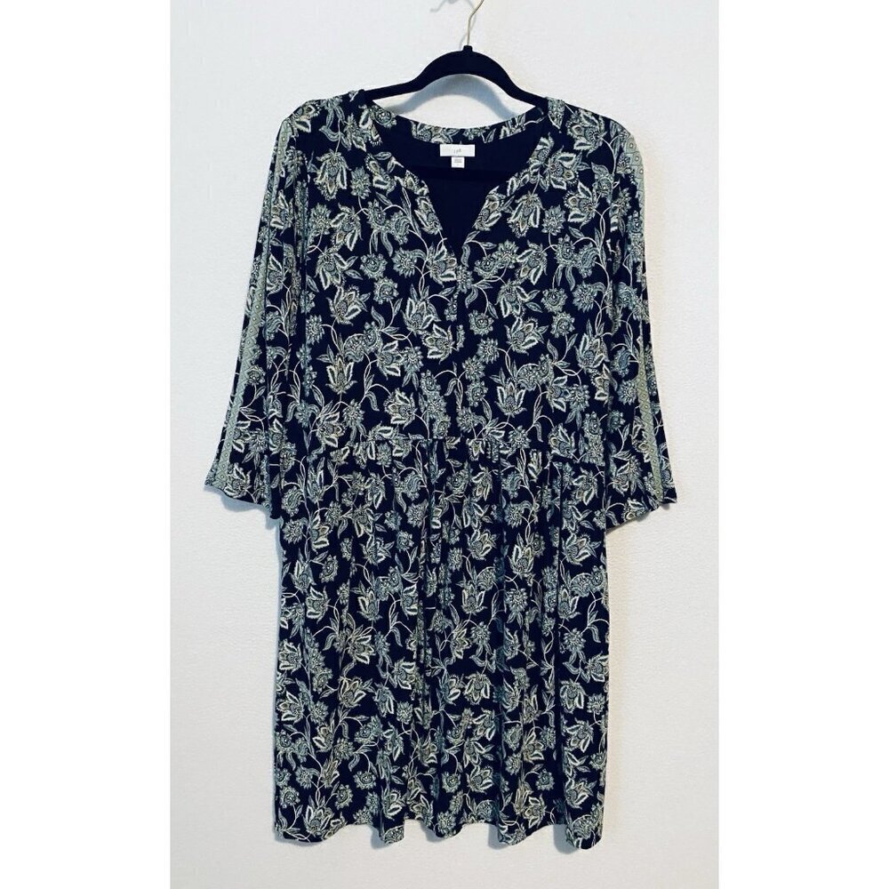 J Jill Dress Womens Large Blue Green Floral 3/4 Sleeve Pockets Jersey Romantic
